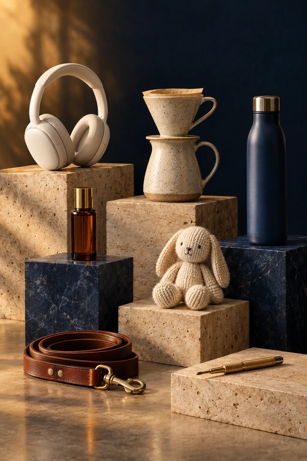 Premium still life of curated products on travertine and navy stone plinths: wireless headphones, a ceramic pour-over coffee set, an amber skincare bottle, a navy water bottle, a knitted baby toy, a leather dog leash and a precision tool