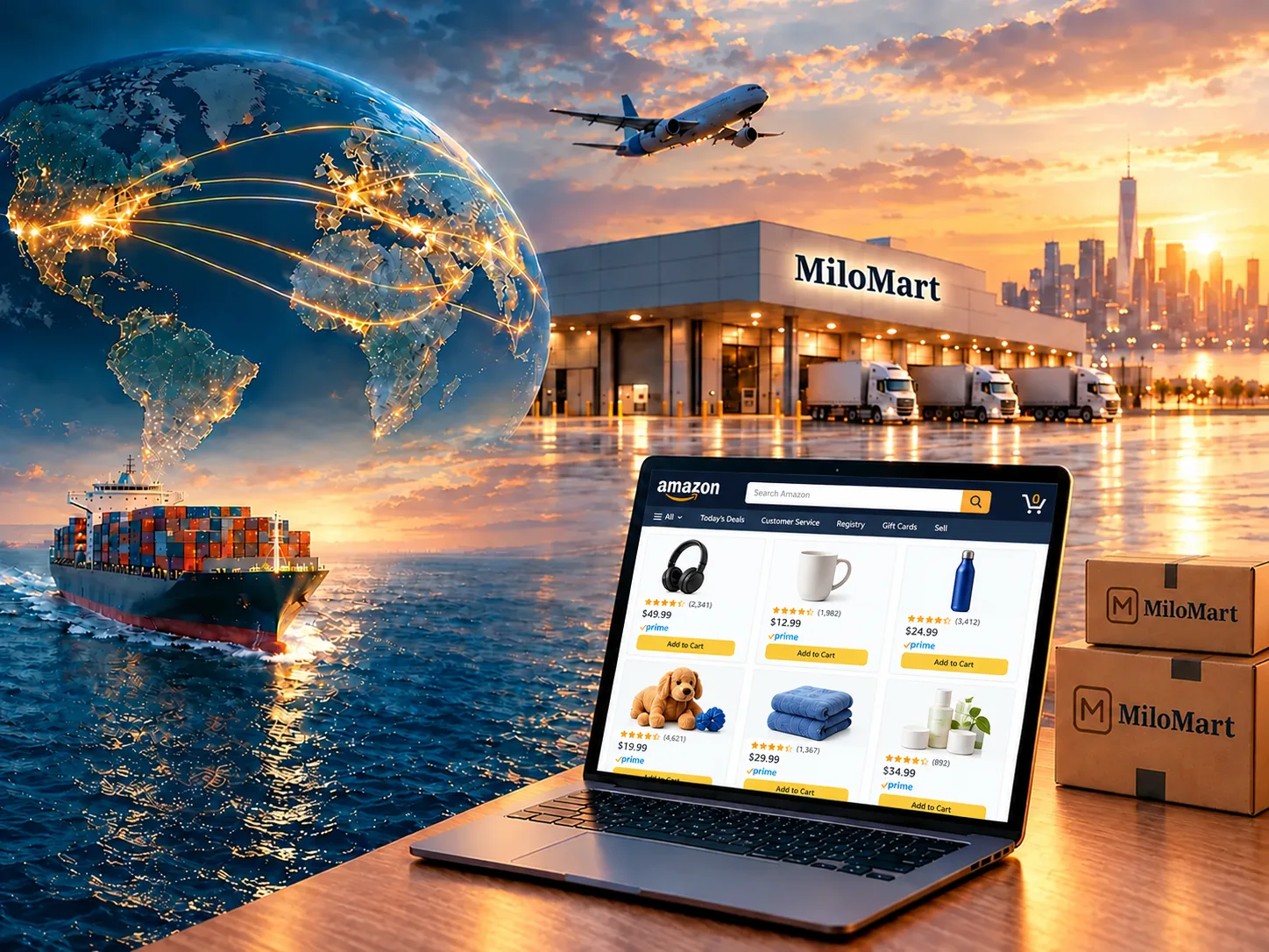 Global supply chain: a globe with trade routes, a container ship and cargo plane, a MiloMart warehouse with trucks at the docks, and a laptop showing an Amazon storefront next to stacked MiloMart shipping boxes